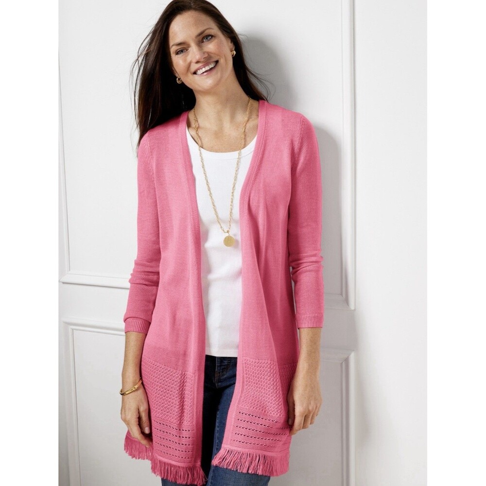 Talbots Pink Fringe Hem Open Front Cardigan MPLightweight Vacation Resort Summer
